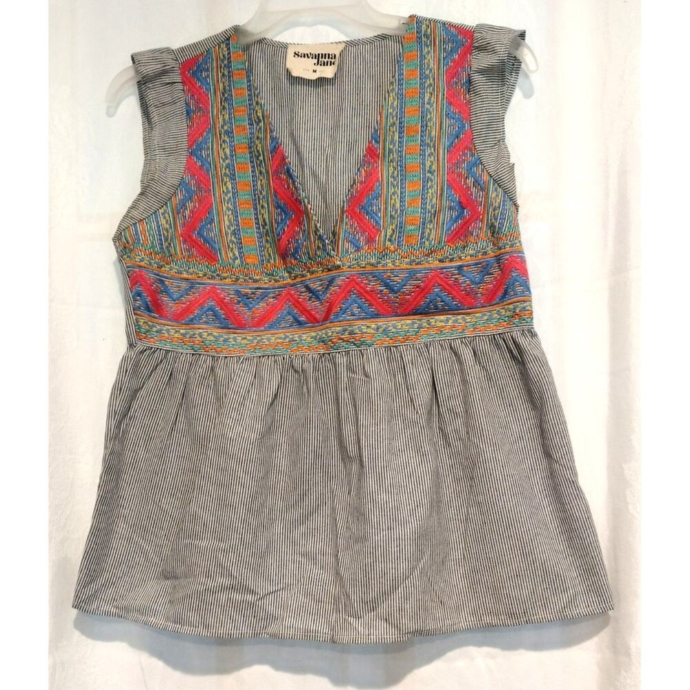 Savanna Jane Embroidered Pinstripe Blouse Size M Boho Deep V-Neck Ruffle Sleeve
